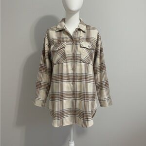 Altar'd State Plaid Flannel Shacket Tan Cream Brown Oversized Shirt Size XS